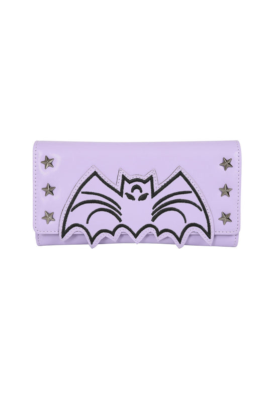 violette Geldbörse Violet Bat Wallet mit gestickter Fledermaus und genieteten Sternen auf der Vorderseite