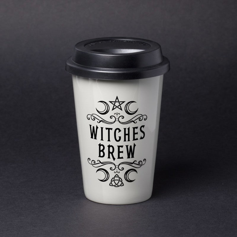 Weißer Becher Witches Brew Travel Mug mit schwarzem Deckel von Alchemy
