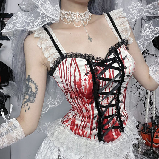 Weiß/Schwarzes Oberteil Bloody Mary Top mit Spitzenelementen und Blutspritzerdesign von Moon Attic