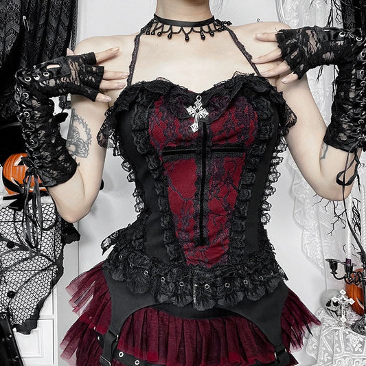 Schwarz-rotes Oberteil DUCHESS CHAIN WITCHCRAFT TOP mit Spitzendetails und Chokerkragen von Moon Attic