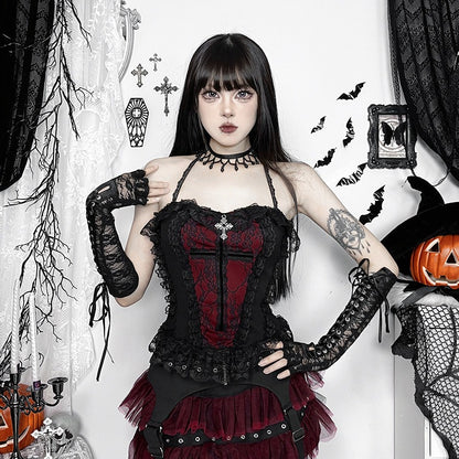 Schwarz-rotes Oberteil DUCHESS CHAIN WITCHCRAFT TOP mit Spitzendetails und Chokerkragen von Moon Attic