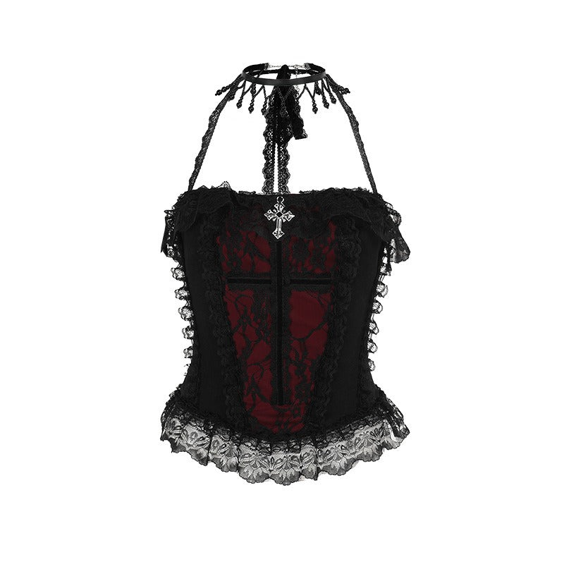 Schwarz-rotes Oberteil DUCHESS CHAIN WITCHCRAFT TOP mit Spitzendetails und Chokerkragen von Moon Attic