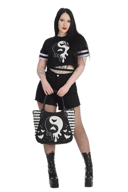 Schwarz/Weiße Tasche YIN YANG Tote Bag mit Streifenmuster und Fledermausprint von Banned