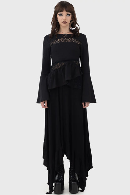 Schwarzes, langärmliges Oberteil YOHANA BLOUSE mit Spitzeneinsätzen von Killstar