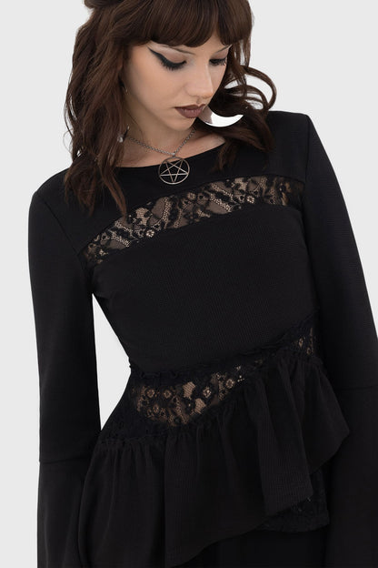 Schwarzes, langärmliges Oberteil YOHANA BLOUSE mit Spitzeneinsätzen von Killstar