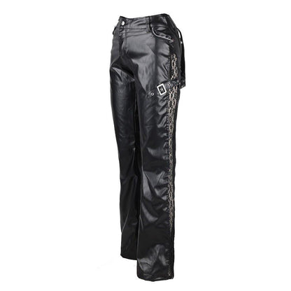 Schwarze, enge Kunstlederhose Scary Hipster Pants Wetlook mit Spitezneinsätzen außen von Black Pistol