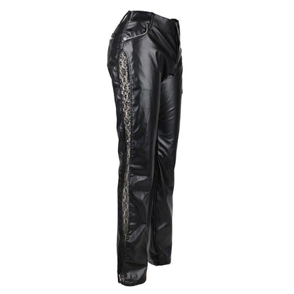 Schwarze, enge Kunstlederhose Scary Hipster Pants Wetlook mit Spitezneinsätzen außen von Black Pistol