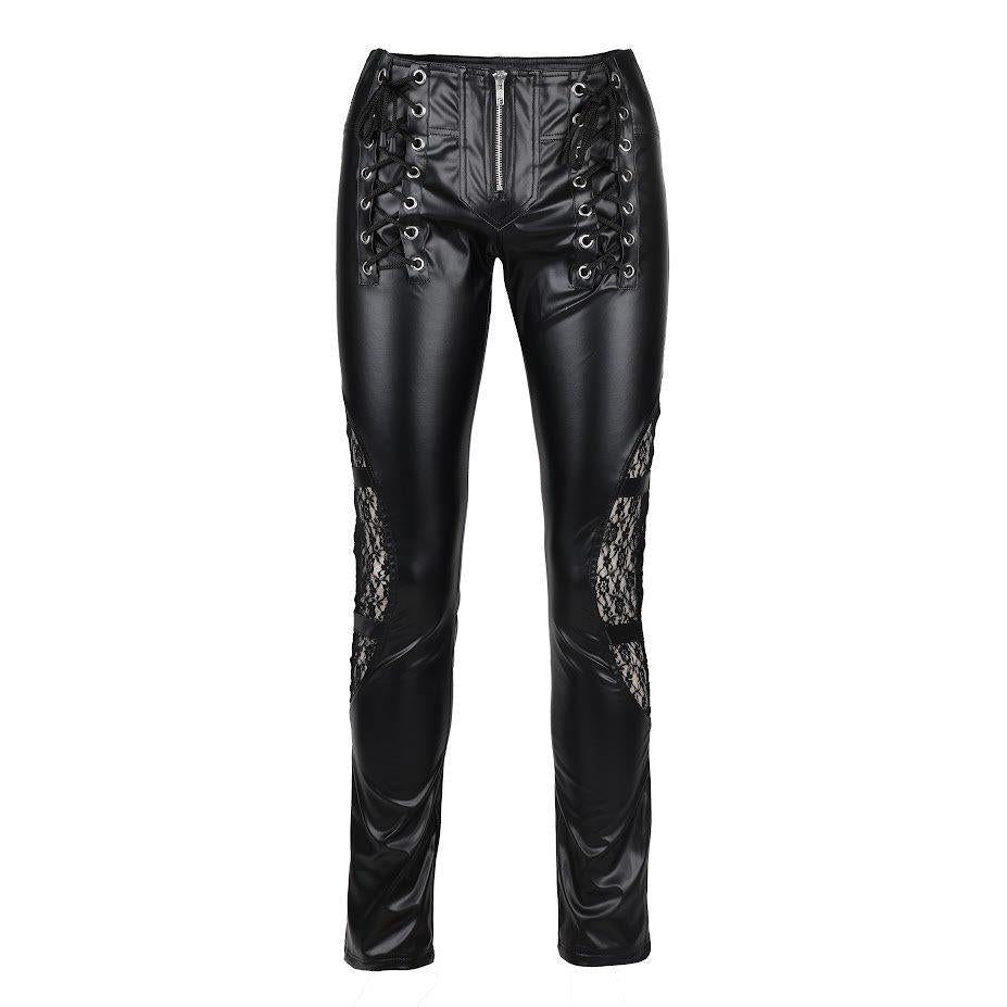 Schwarze, enge Kunstlederhose Eye Pants Wetlook mit Spitzeneinsätzen und Zierschnürung von Black Pistol