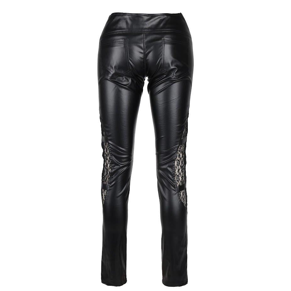 Rückseite schwarze, enge Kunstlederhose Eye Pants Wetlook mit Spitzeneinsätzen und Zierschnürung von Black Pistol