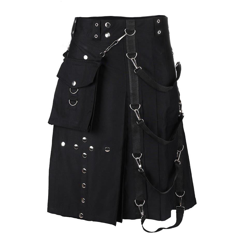 Schwarzer Kilt Belt Kilt Denim mit Riemen, Schnallen und Nieten von Black Pistol