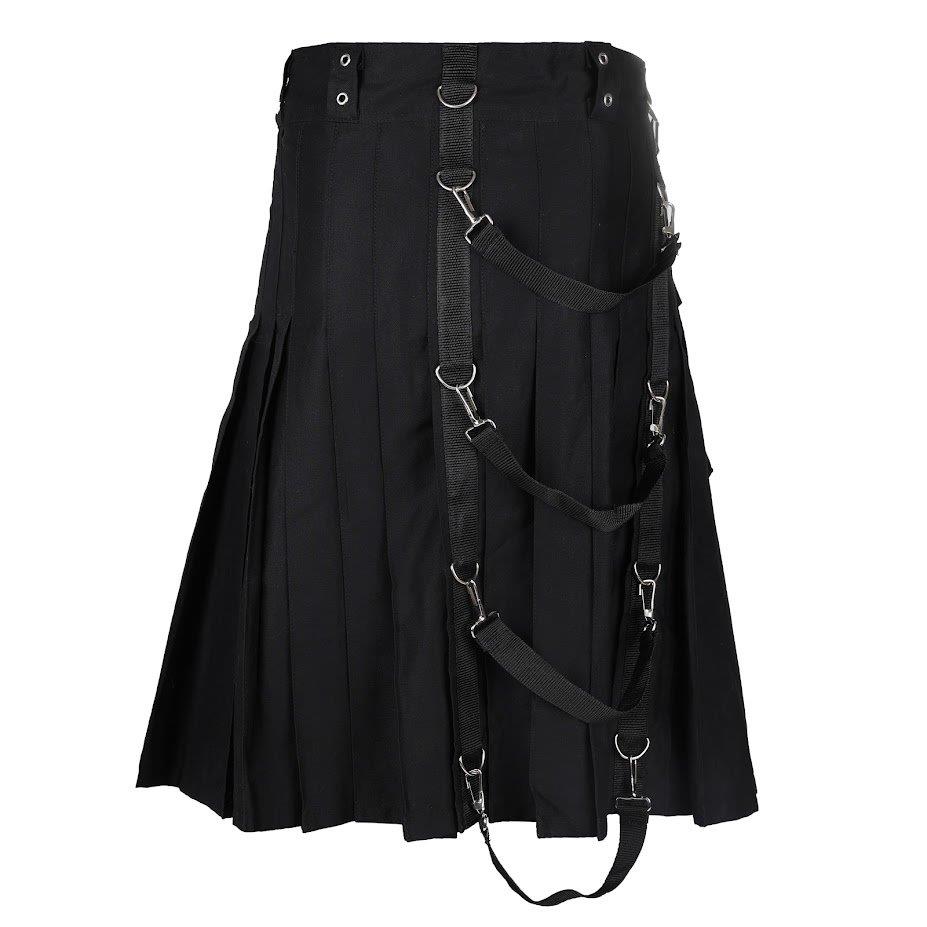 Rückseite schwarzer Kilt Belt Kilt Denim mit Riemen, Schnallen und Nieten von Black Pistol