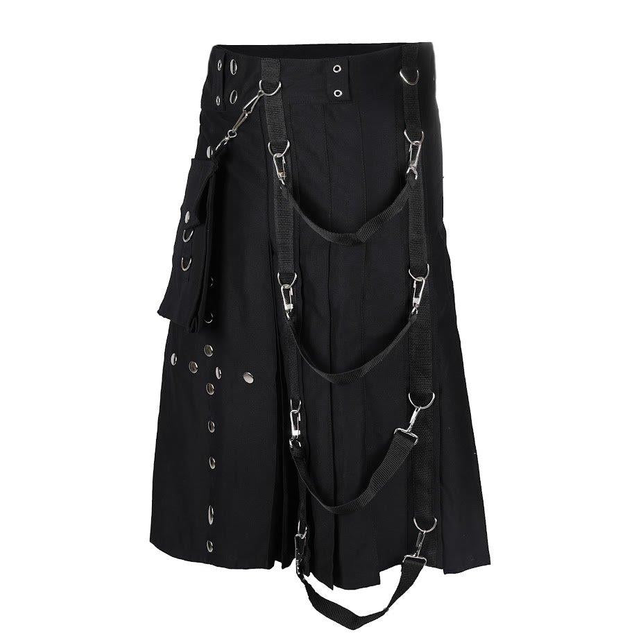 Schwarzer Kilt Belt Kilt Denim mit Riemen, Schnallen und Nieten von Black Pistol