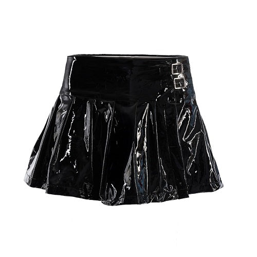 Schwarzer PVC Lack Buckle Mini Skirt in Lackoptik mit Schnallen an der Seite