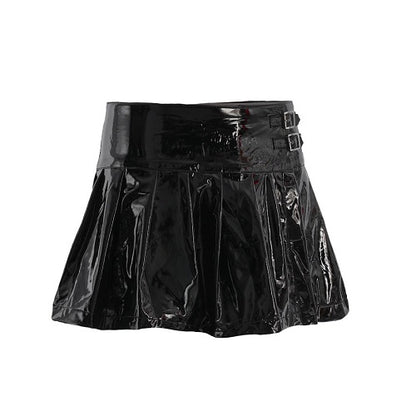 Schwarzer PVC Lack Buckle Mini Skirt in Lackoptik mit Schnallen an der Seite