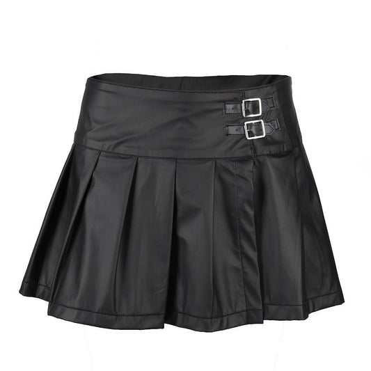 Schwarzer Kunstlederrock Buckle Mini Skirt Wetlook mit Schnallen von Black Pistol