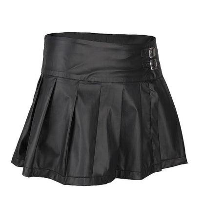 Schwarzer Kunstlederrock Buckle Mini Skirt Wetlook mit Schnallen von Black Pistol