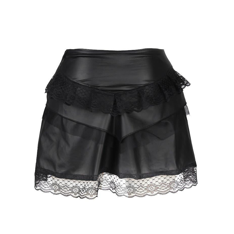 Rückseite schwarzer Kunstlederrock Triangle Mini Skirt Wetlook mit Spitzendetails von Black Pistol