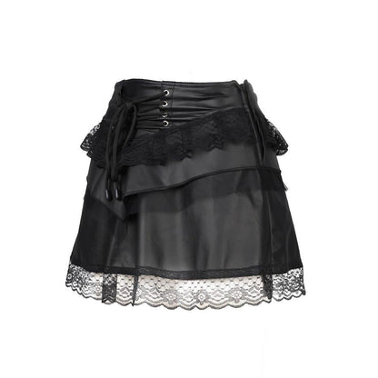 Schwarzer Kunstlederrock Triangle Mini Skirt Wetlook mit Spitzendetails von Black Pistol