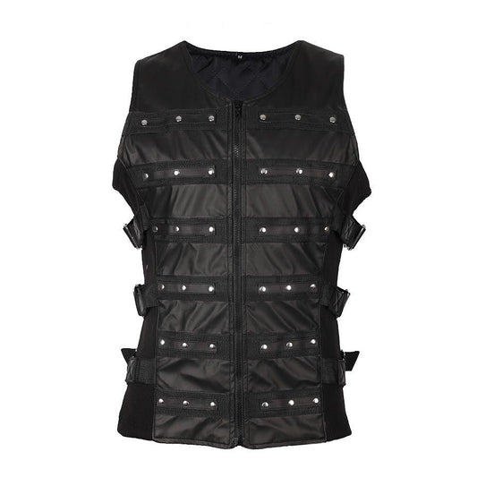 Schwarze Weste Button Vest Wetlook mit Ziernieten und Reißverschluss von Black Pistol