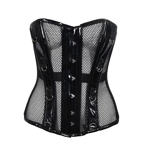 Schwarze, glänzende Corsage Ring Corset Net/PVC mit Netzeinsätzen von Azzazzinz