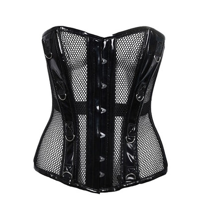 Schwarze, glänzende Corsage Ring Corset Net/PVC mit Netzeinsätzen von Azzazzinz
