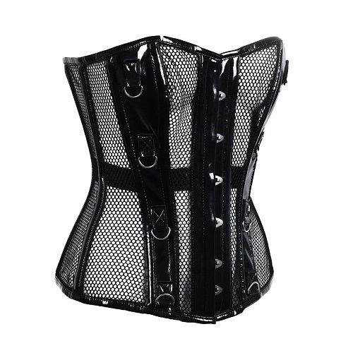 Schwarze, glänzende Corsage Ring Corset Net/PVC mit Netzeinsätzen von Azzazzinz