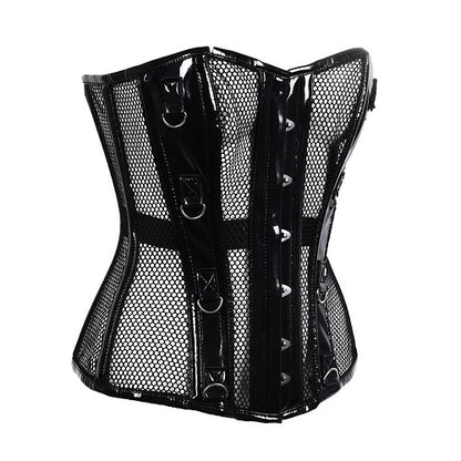 Schwarze, glänzende Corsage Ring Corset Net/PVC mit Netzeinsätzen von Azzazzinz
