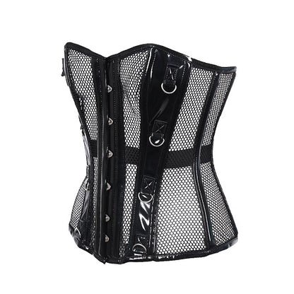 Schwarze, glänzende Corsage Ring Corset Net/PVC mit Netzeinsätzen von Azzazzinz