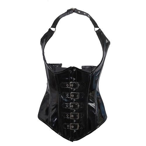 Schwarze, glänzende Corsage Buckle Corset Neck Style PVC von Azzazzinz