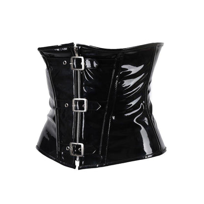 Schwarze, glänzende Corsage 3-Buckle Corset PVC mit drei Schnallen und Reißverschluss von Azzazzinz