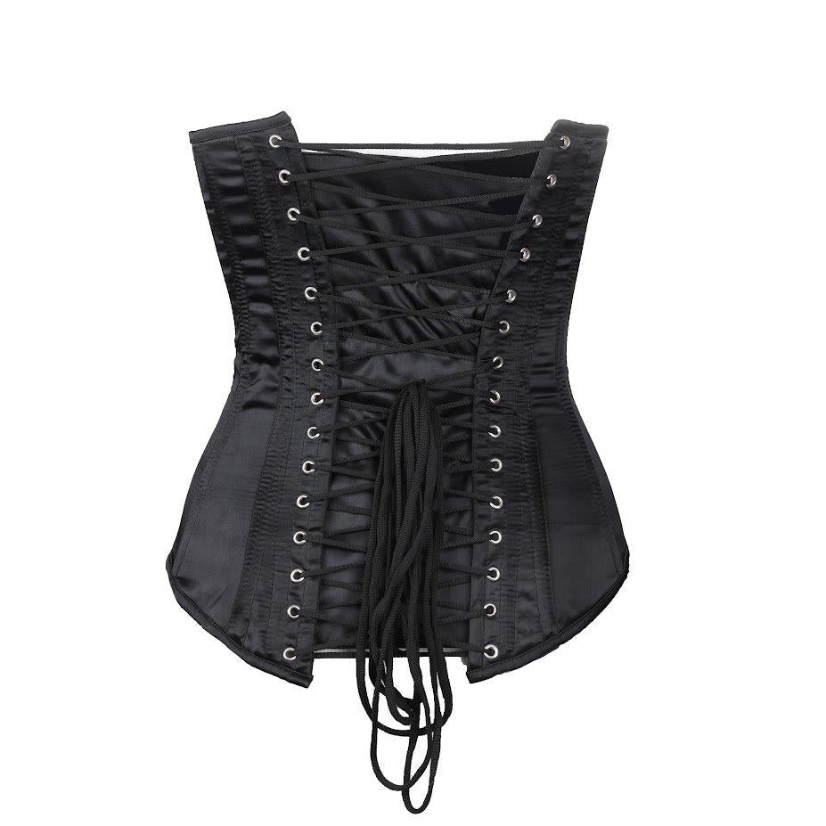 Rückseite schwarzes, schlichtes Full Corset Satin mit Rückenschnürung von Azzazzinz