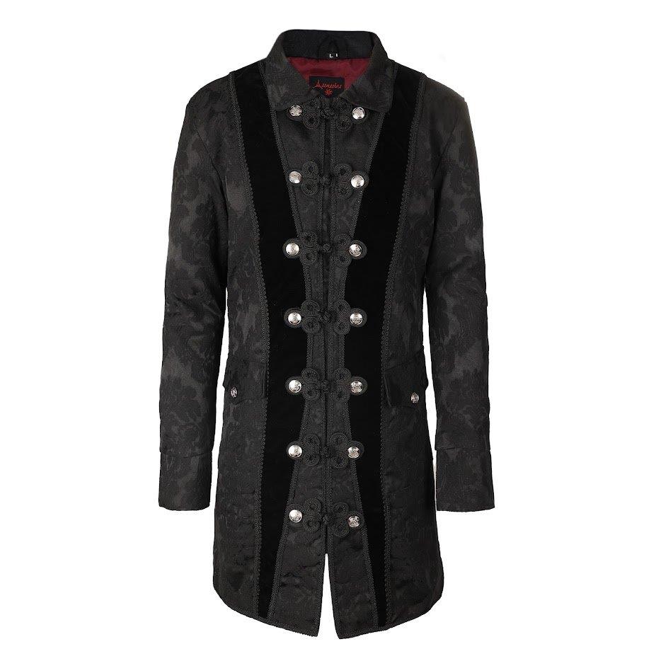 Schwarzer Brokatmantel Classic Coat Brocade mit großen, silberfarbenen Knöpfen und Samtdetails von Black Pistol