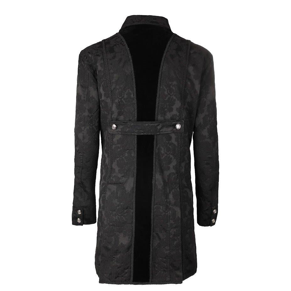 Rückseite schwarzer Brokatmantel Classic Coat Brocade mit großen, silberfarbenen Knöpfen und Samtdetails von Black Pistol