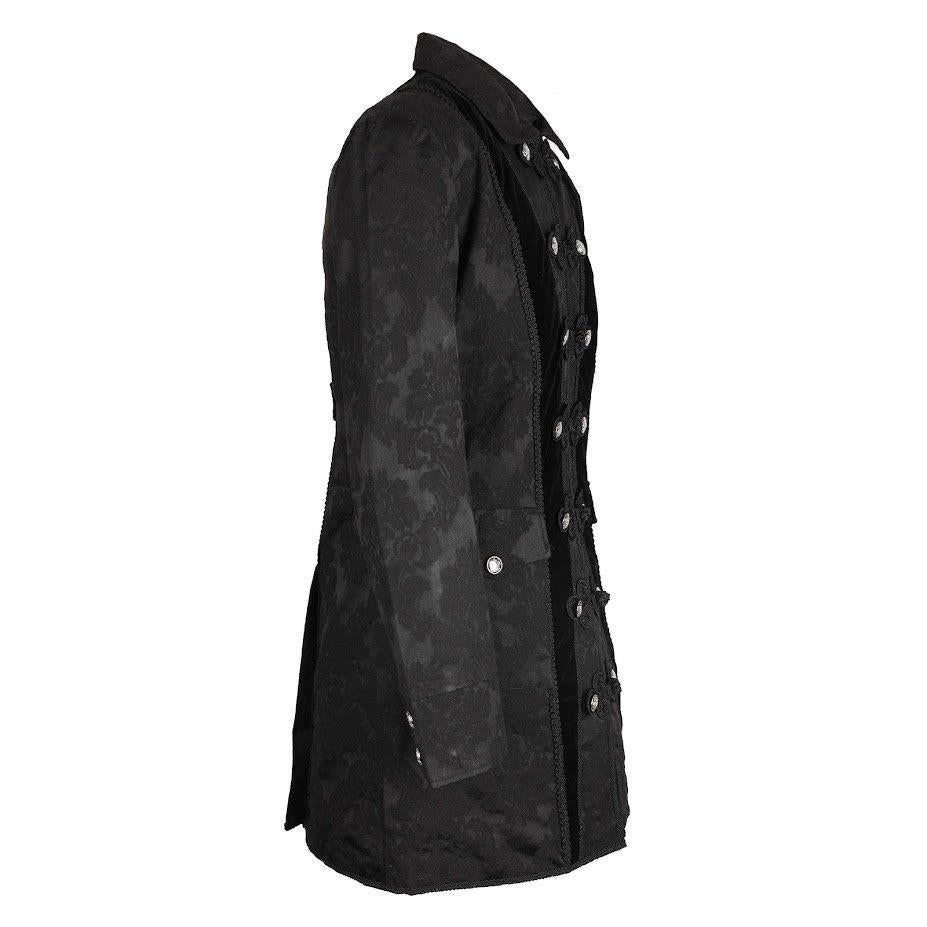 Schwarzer Brokatmantel Classic Coat Brocade mit großen, silberfarbenen Knöpfen und Samtdetails von Black Pistol