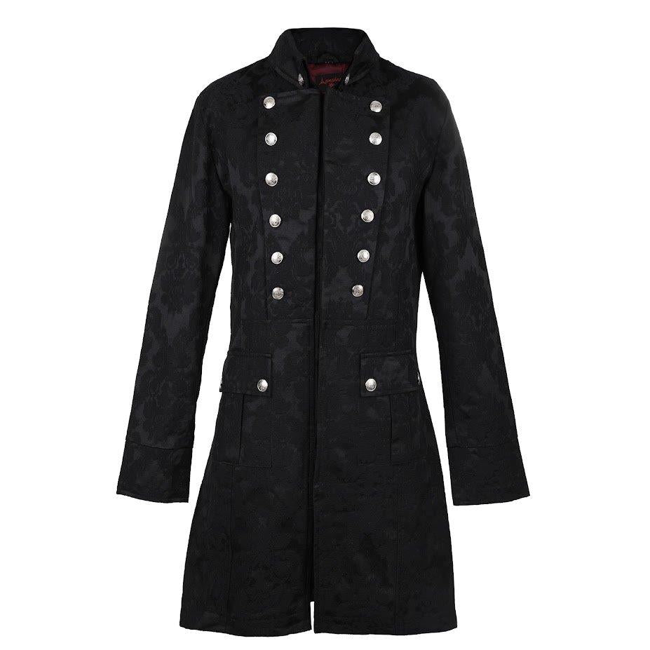 Schwarzer Brokatmantel Admiral Coat Brocade mit großen, silberfarbenen Knöpfen von Black Pistol