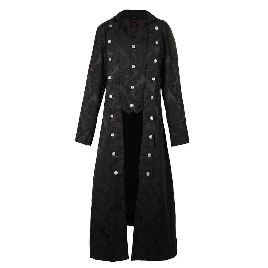 Schwarzer Brokatmantel Gents Coat Brocade mit großen, silberfarbenen Knöpfen von Black Pistol