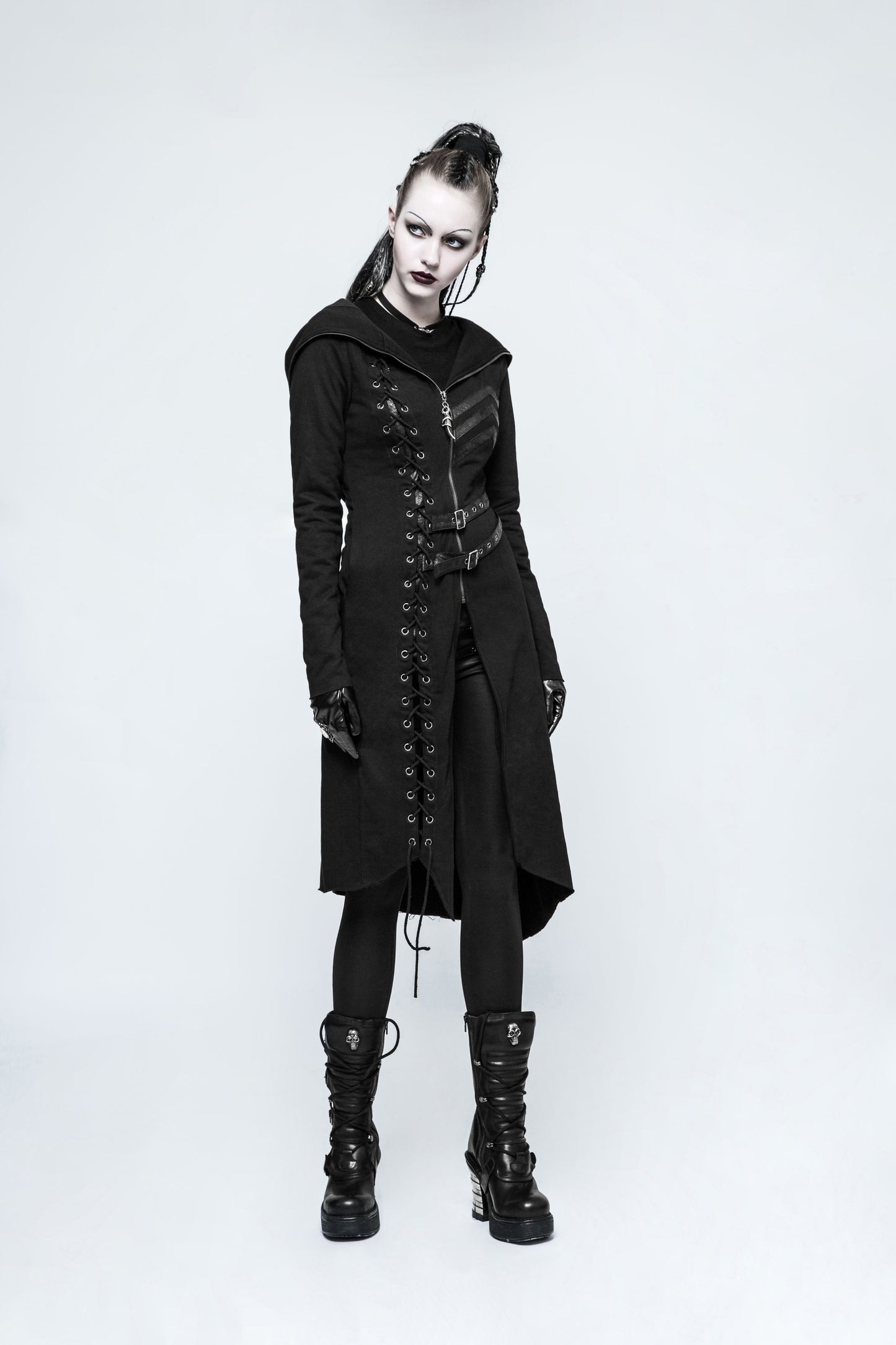 Schwarzer Damenmantel RESIDENT EVIL COAT im Industrial- und postapokalyptischen Gothic-Stil von Punk Rave
