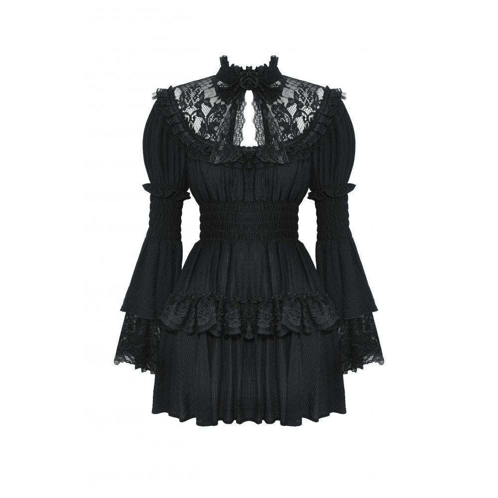 Schwarzes kurzes Kleid Gothic Lace Doll Dress mit Spitzeneinsätzen von Dark In Love