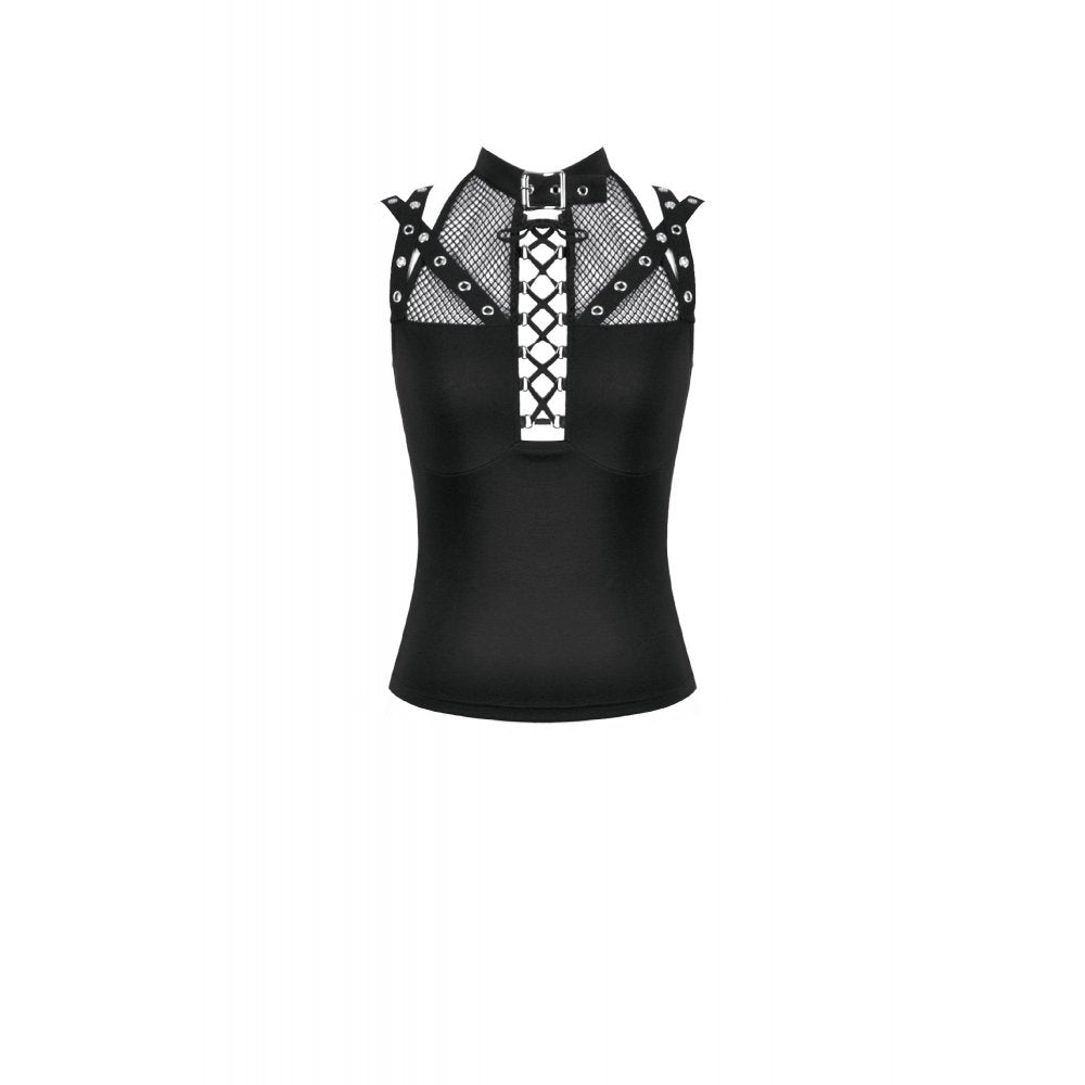 Schwarzes Oberteil Dark Punk Mesh Top mit Schnür-Details im Dark-Punk-Stil von Dark In Love