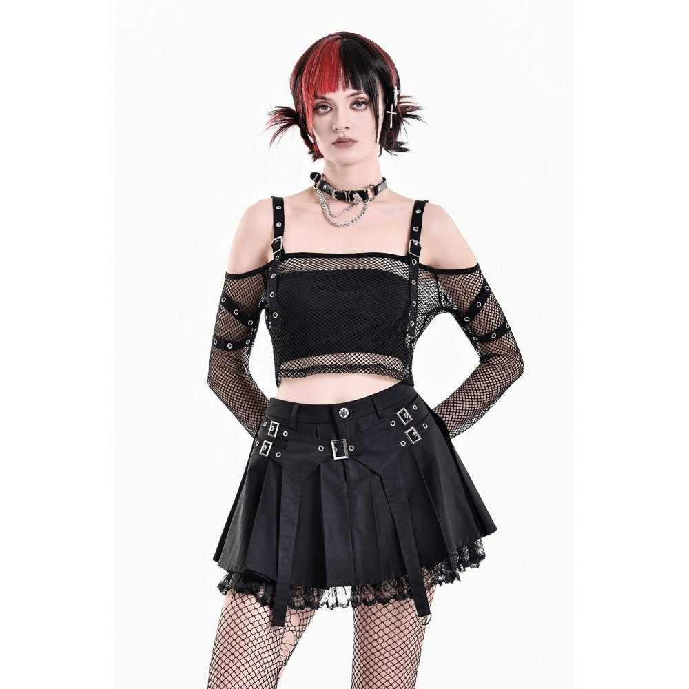 Schwarzer Mini-Rock Hardware Matrix Skirt mit Schnallendetail und Spitzensaum von Dark In Love