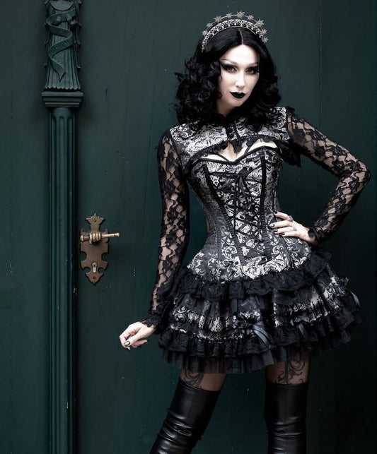 Trägerloses Mini-Korsettkleid Lolita Mini Dress aus silbernem Königsbrokat, mit schwarzem Satinband auf der Vorderseite von Burleska