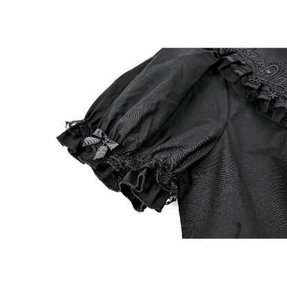Schwarze, kurzärmlige Bluse Night Crown Doll Blouse mit Spitzenelementen und Puffärmeln von Dark In Love