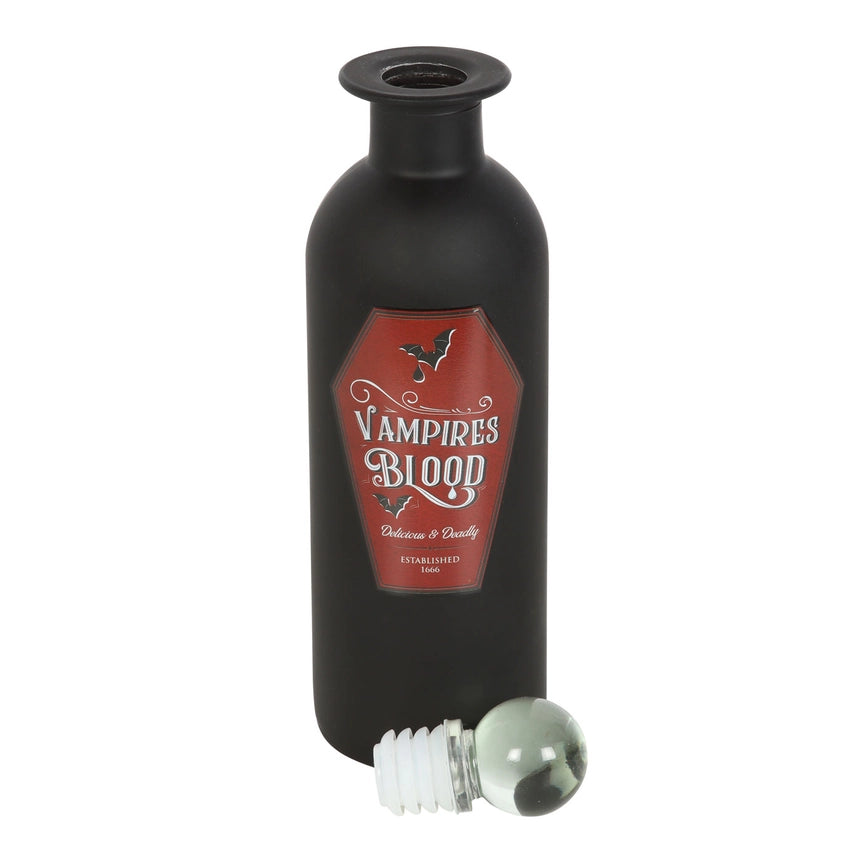 Schwarze, dekorative Glasflasche Vampirblut mit Glasstopfen