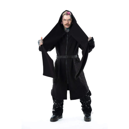 Schwarze, lange Jacke ABNER HOOD mit großer Kapuze und integriertem Schal von Vixxsin