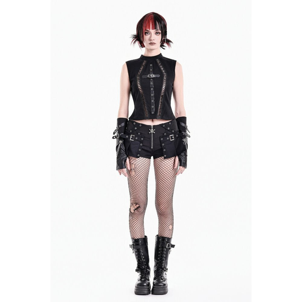 Schwarze Hotpants Cranial Rebellion Shorts mit Überrock und Schnallendetails von Dark In Love