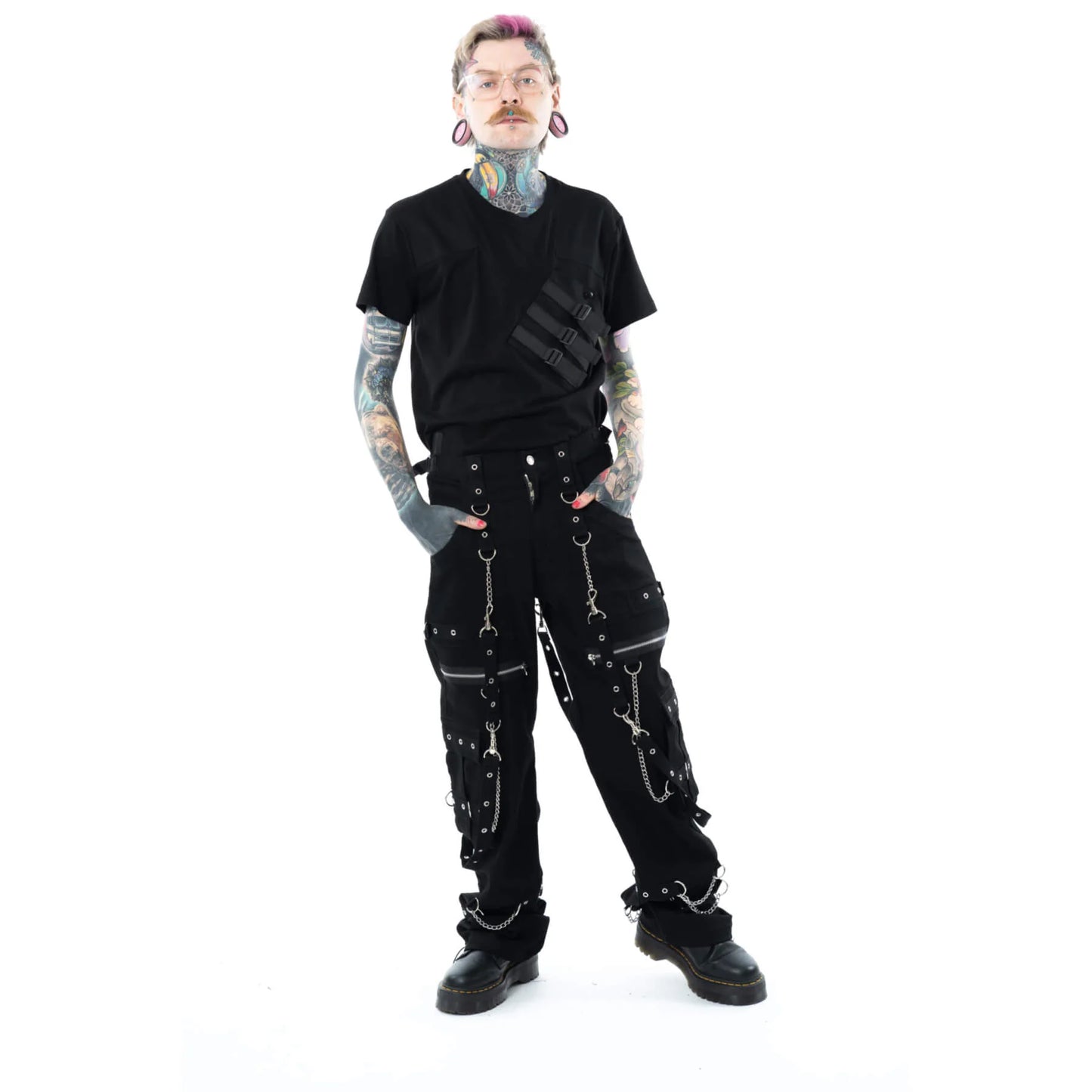 Schwarze Hose ADAIAH PANTS mit Riemen, Ketten und Reißverschlüssen von Poizen Industries