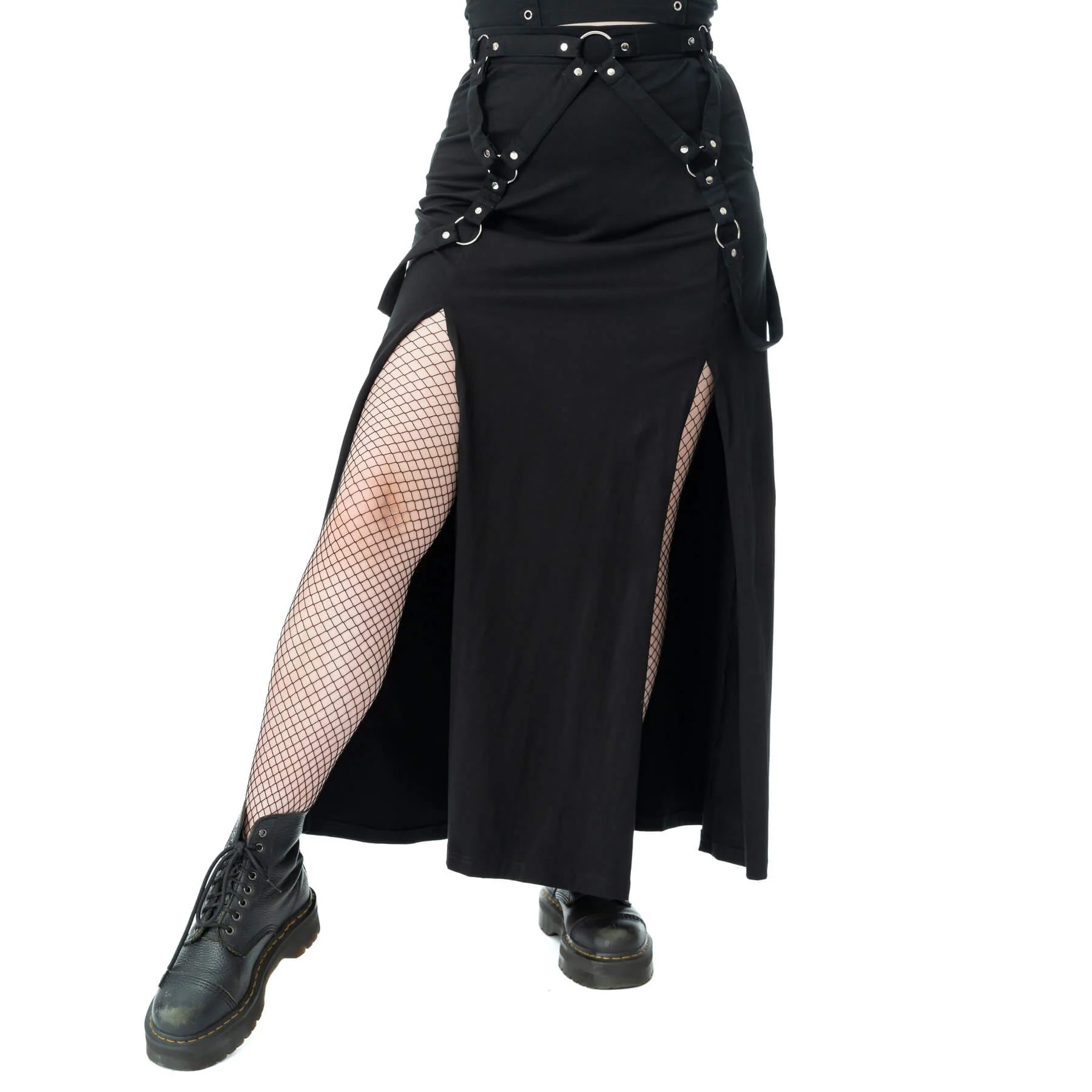 Schwarzer Rock AMARANTH MAXI SKIRT mit Zierriemen und zwei Schlitzen von Poizen Industries