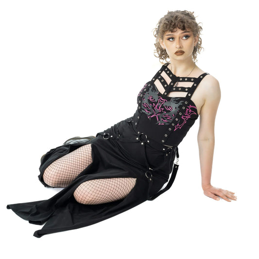 Schwarzer Rock AMARANTH MAXI SKIRT mit Zierriemen und zwei Schlitzen von Poizen Industries