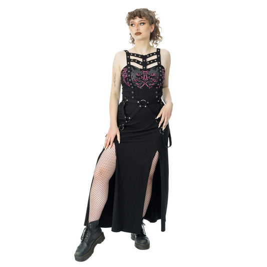 Schwarzer Rock AMARANTH MAXI SKIRT mit Zierriemen und zwei Schlitzen von Poizen Industries