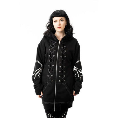 Schwarze Sweatshirtjacke ANATOMY BAT HOOD mit Fledermausflügeln an den Armen und Knochenprint von Heartless